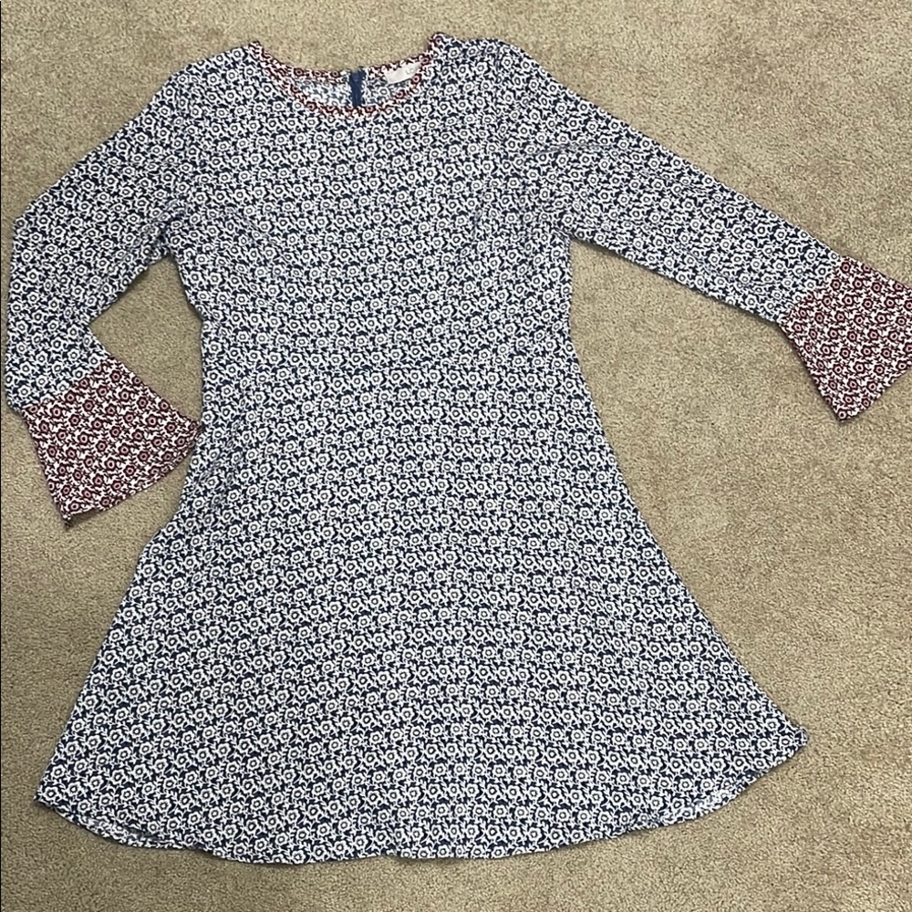 LOFT Black and White Floral Long Sleeve Dress with Maroon Cuffs